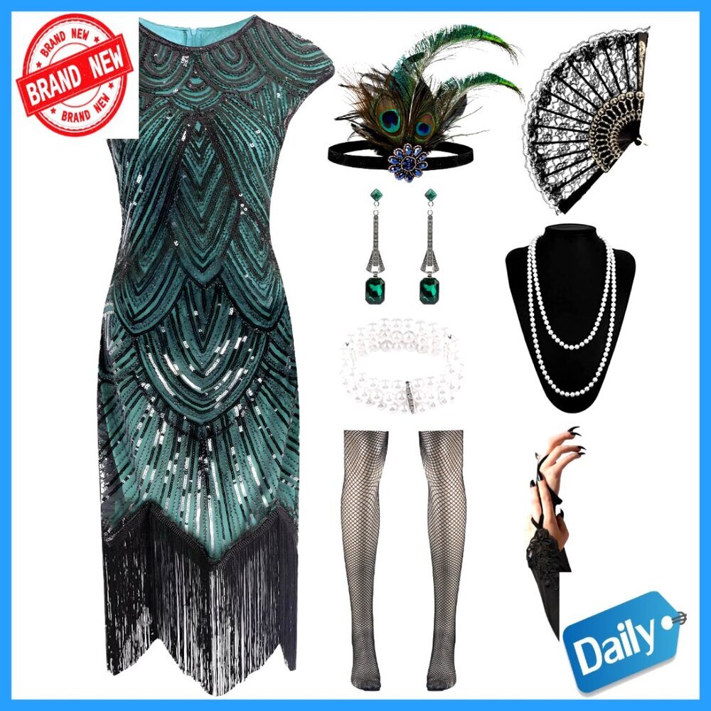1920s Sequin Fringe Flapper Dress with Accessories Set